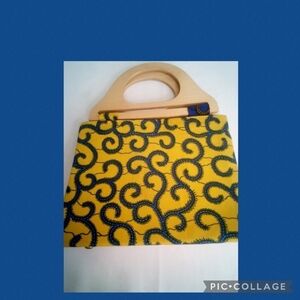 YELLOW and Blue Wooden handle purse